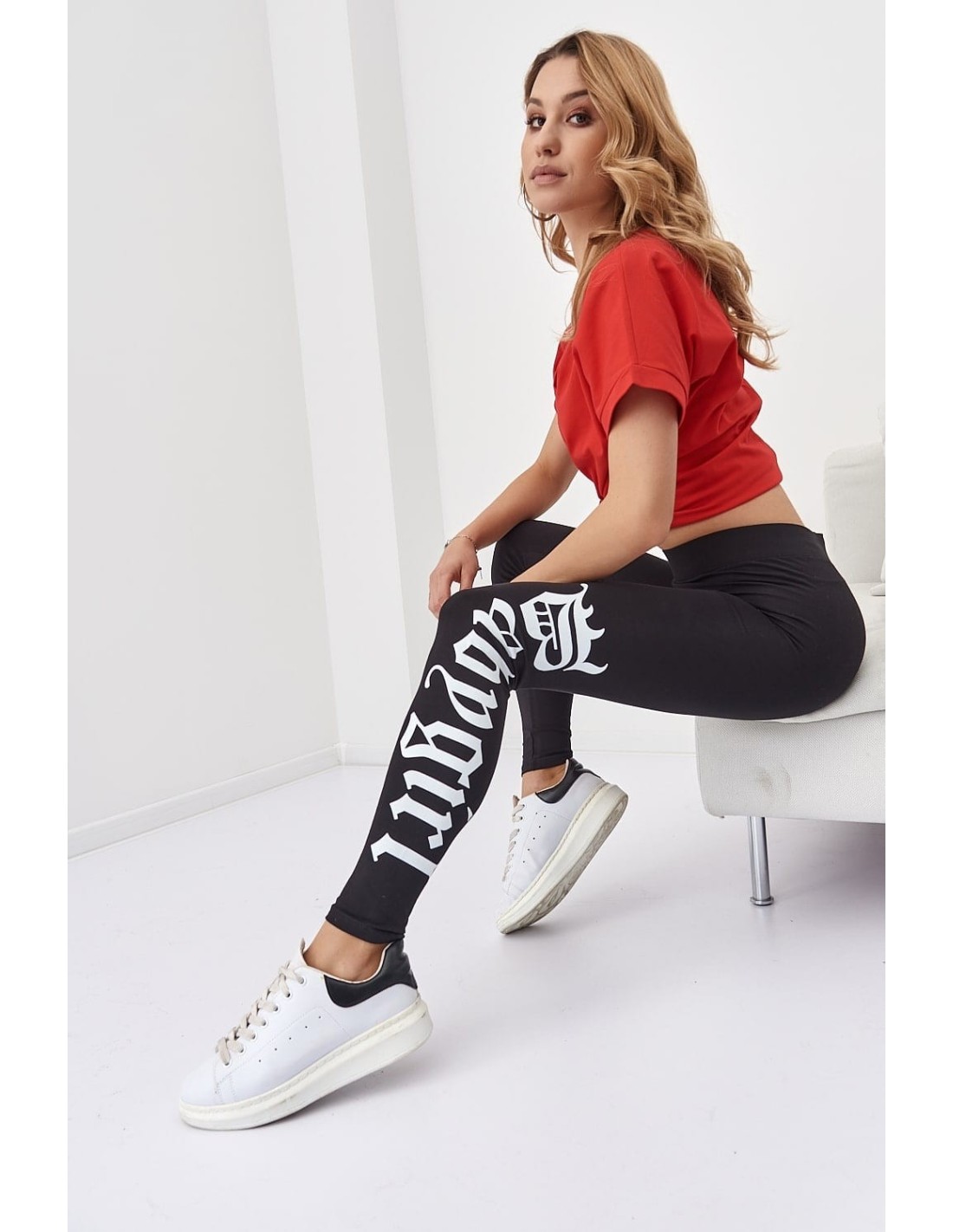 Fitted leggings with inscriptions, black 35150 - Online store - Boutique